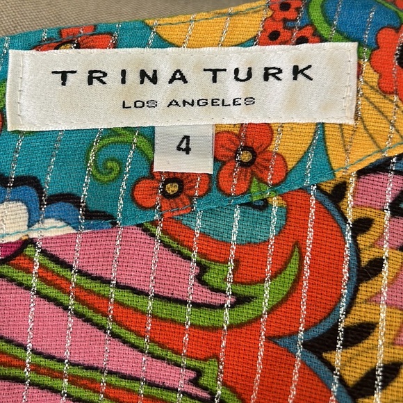 Trina Turk Floral & Metallic Silver Striped 3/4 Bell Sleeve Midi Dress - 4 - Picture 10 of 11